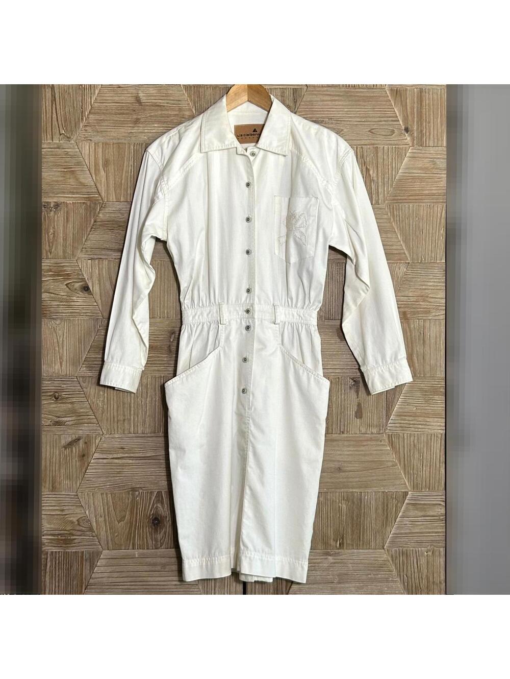 Vintage 90s Liz Claiborne Off White Utility Safari Dress Button Front Size P4